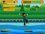Redakai Cross The River free online game screen showing Ky and other characters needing to cross a river with a small raft.