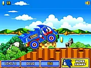 Play Sonic The Hedgehog Xtreme Truck free online game - Sonic driving a large truck across a narrow, hilly island road collecting golden rings