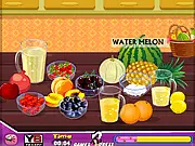 Watermelon Sangria cooking game showing Chef Anita and the steps to mix a pitcher of red wine, watermelon, and fruit.