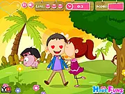 1st Kiss online game screen, couple kissing secretly in a park, free arcade timing game