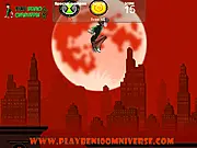 Ben 10 Omniverse Adventure free online action game screenshot, showing Ben Tennyson transformed into an alien hero battling enemies in a dark lair.