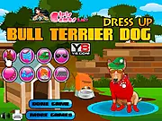 Bull Terrier Dog Dress Up free online game image, featuring a cute Bull Terrier dog wearing a colorful outfit and stylish accessories.
