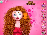 Princess Merida receiving a facial treatment in a makeover game; Merida dress-up game online free; Play Brave Makeover game