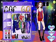 Fashion Curly Model Show game image showing a curly-haired model posing in a sparkly dress on a brightly lit stage.