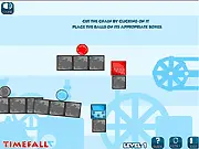 Pack It free online game screenshot, showing a complex puzzle setup with glass balls about to roll toward wooden boxes