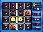 Super Heroes Memory Matching game screen showing a grid of face-down tiles with a timer in the corner and various superhero characters peeking out of flipped tiles