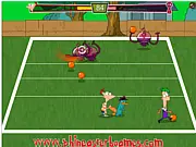 Play Phineas and Ferb Alien Ball free game online. Phineas, Ferb, and Perry playing ball against aliens on PlayArcadeHub.