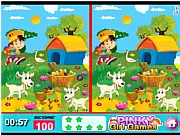 Find The Difference In Farm free online game screenshot showing a boy jumping happily in a sunny farmyard with chickens and goats.