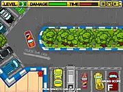 Screenshot of Park Them All game showing a car being carefully driven into a tight parking spot in a busy lot