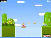 Duck Hop game screenshot showing a cute baby duck jumping on a platform to collect a coin, avoiding the duck pond below, free online platformer game