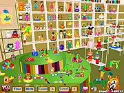Screenshot of the Children Toy Shop Hidden Objects free online game showing a messy toy store interior filled with toys