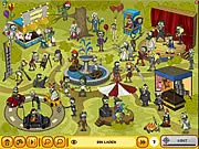 Screenshot of Zombies in Central Park free online game showing a busy park scene with cartoon zombies and hidden celebrity figures