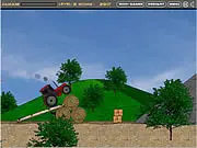 A red tractor carefully driving across a rickety wooden ramp over a large gap in the challenging free online driving game Tractor Trial