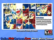 Screenshot of the Doraemon Sliding Puzzle game showing scrambled pieces of an image featuring Doraemon and Nobita