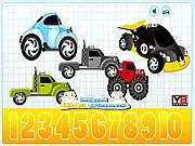 Counting Hidden Cars game screen, free online counting and number recognition game for kids featuring cars and trucks