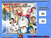 Screenshot of Doraemon Jigsaw puzzle game in progress; Doraemon and friends anime picture broken into puzzle pieces; Options to choose between 20 and 40 piece puzzle.