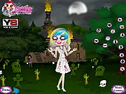 Zombie Bride Dress Up game screen showing a character with pale skin and dark makeup wearing a tattered white wedding dress and veil