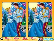 Cinderella and the Prince dancing in a grand, brightly lit ballroom with a puzzle interface - Cinderella & Prince 6 Diff Fun Online