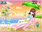 Happy Bathing Beach dress up game showing a character in a swimsuit on a sunny Hawaiian beach with palm trees and blue ocean