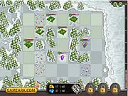 Gameplay screenshot of Symbiosis Greenland TD showing plant-based towers shooting projectiles at alien enemies across a snowy, icy map