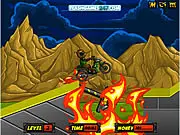 Bike Storm game screenshot showing a motorcyclist jumping over a flaming pit obstacle on a dirt track while collecting gold coins