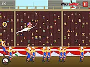 Rocket Cap game screen showing a character launching from a cannon and bouncing off a clown's head