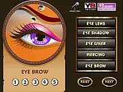 Online Girl Eye Make up game, close-up of an eye with colorful eyeshadow and dramatic eyeliner, digital makeup application.