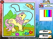 My Little Pony Coloring game screen showing an outline drawing of a Pony character being colored in with a digital palette of bright colors