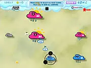 Cloud Wars Sunny Day Extreme game screenshot showing multiple colored clouds on a blue background with lines indicating cloud forces moving between them
