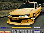 Taxi Cab Letters Hidden Objects free online game screenshot. A detailed image of a yellow taxi cab interior with small, concealed letters scattered around.