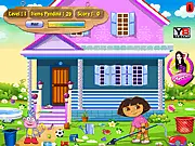 Dora Groom The Room free online hidden object game featuring Dora and Boots cleaning up Swiper's mess