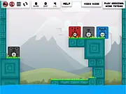 Wish Totems Level Pack free online puzzle game image. Blue and red totem blocks balanced on a wooden structure. Physics removal game screenshot.