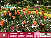 Flower Garden Hidden Objects game screenshot showing a vibrant garden scene with various flowers hidden among the foliage. Play free online hidden object game.
