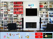 Girls Study Room Hidden Objects game screenshot showing a desk and shelves cluttered with books and various items. Play free online puzzle game.
