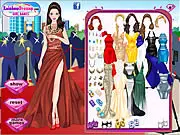 Screenshot of The Glam Awards online game showing a ravishing actress wearing a stunning haute couture dress and luxurious jewelry on a red carpet background