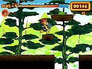 Chima Jungle Adventure online game screenshot. Chima character jumping over a hole in the wilderness with a jungle background. Play free platform game.