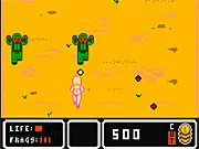 Blasting Force retro action game screen showing one of three playable characters firing a weapon at multiple pixelated enemies