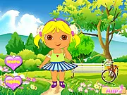 Dora First Outing dress-up game image. Dora the Explorer character ready to be styled with various clothes and accessories. Free online fashion game.