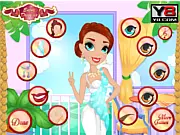 Destination Wedding Prep Jamaica free online game image. Bride Takira receiving a glamourous makeover and dressing up in a wedding gown on a sandy beach.