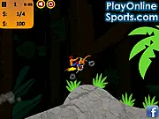 Gameplay screenshot of Jungle Dirt Bike, showing a motocross rider balancing on a challenging jungle trail obstacle