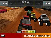 Monster Trucker 3D game screenshot showing a large monster truck flying over a jump while flattening several crushed cars below