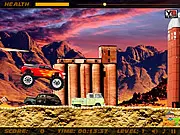 Screenshot of Crazy Flame Truck Racing, an online racing game showing a flame-painted truck leaping over smaller cars on a highway