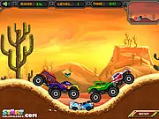A massive, powerful monster truck jumping over and crushing smaller obstacles on a dirt racing track in the free online game Crazy Monster Truck.