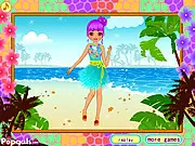 Hawaii Destination dress up game featuring a girl in a bright floral summer dress on the beach
