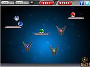 Space Balls physics puzzle game showing the blue pusher ball next to colored balls near their matching target bowls.