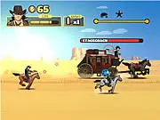 Gameplay screenshot of The Most Wanted Bandito 2, showing a cowboy character on horseback galloping across a desert, shooting a pistol at another bandit.