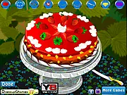 Screenshot of Strawberry Cheesecake Cooking game showing a decorated cake with fresh strawberries and creamy topping. Play free online game.