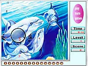 Dolphin Ocean Hidden Numbers game screenshot showing a vibrant underwater scene with dolphins and hidden numbers concealed in the background.