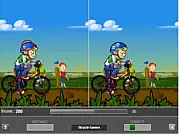 Screenshot of Bicycle Differences puzzle game showing two nearly identical pictures side-by-side with a cyclist riding a bike on a mountain trail