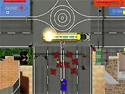 Action screenshot of Street Car Wars showing an armed vehicle in a city battle destroying an enemy unit